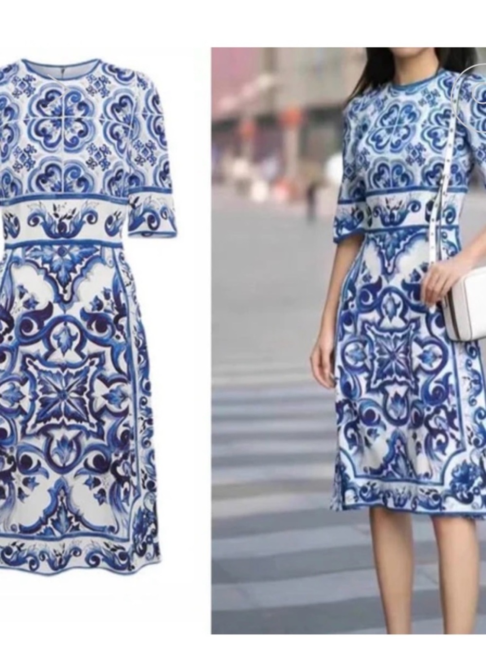 Blue and White Printed Short Sleeve Dress - Picture 2 of 6